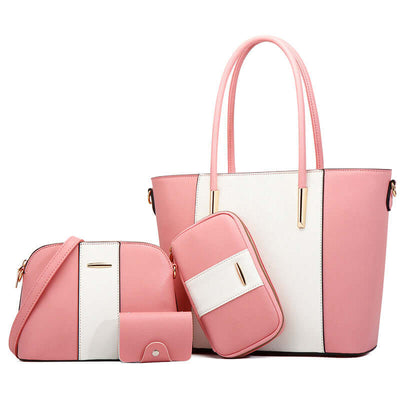 Fashion women's bag set in pink and white, featuring a large tote and smaller accessories for stylish everyday use.