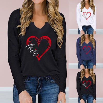 Stylish V-neck Valentine's Day Printed T-shirt | Long Sleeve | Loose FitProduct information: Fabric name: polyester fibre Pattern: print Style: street Style: Hedging Sleeve Length: Long Sleeve Elevate your street style with our V-neck Valentine's Day Prin